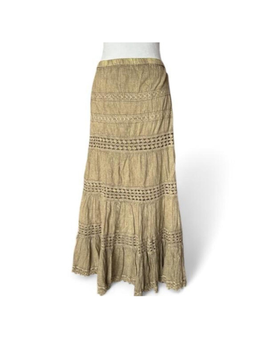 Tan maxi skirt with horizontal bands of embroidery and lace trim #boho #festival